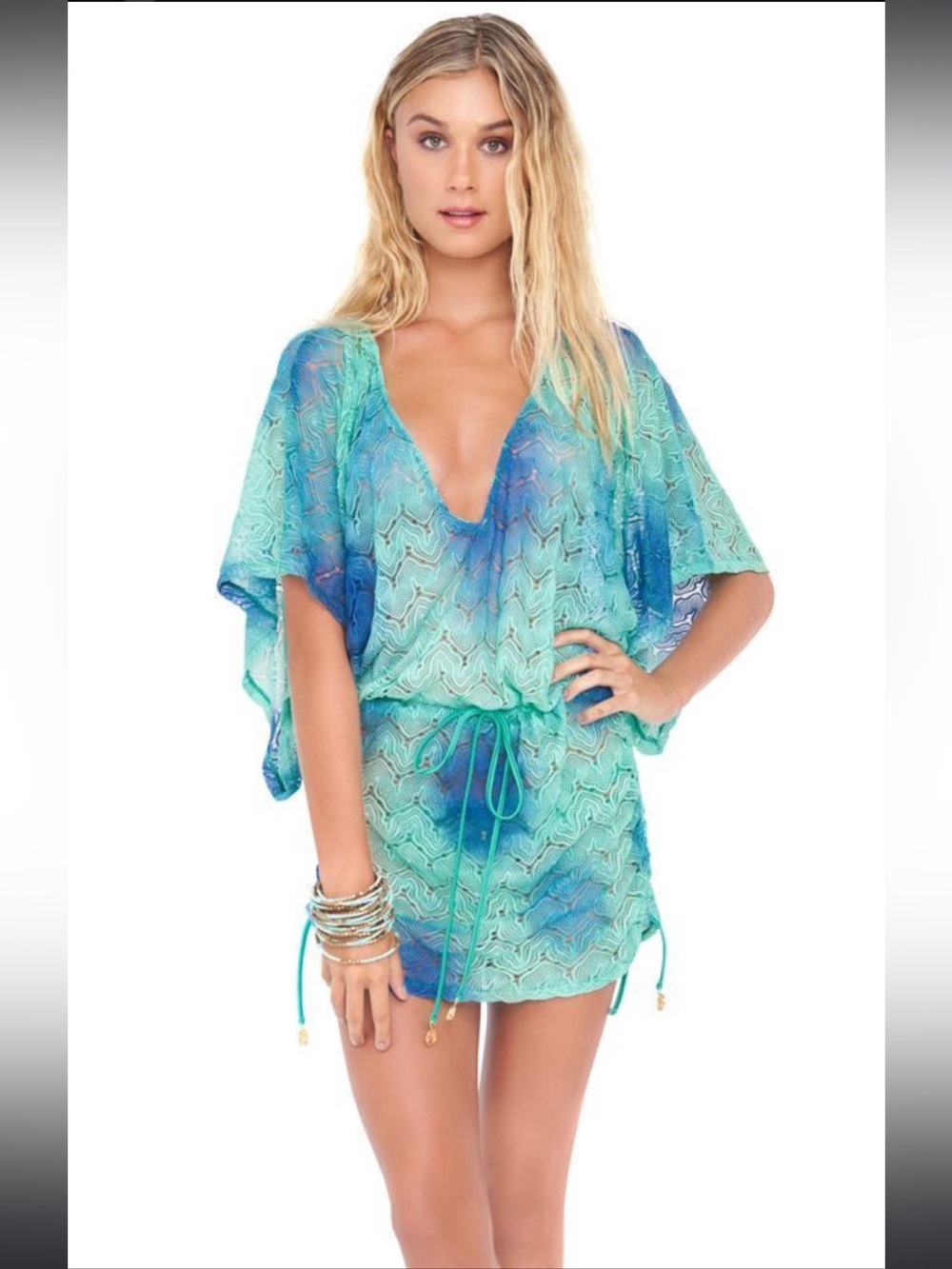 Luli fama Miami  Siete Mares Cabana V Neck Dress - Turquoise & Teal